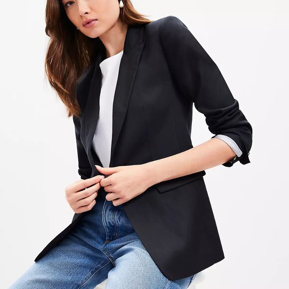 Loft Peak Lapel Modern Black Linen Blend Blazer - Picture 2 of 8